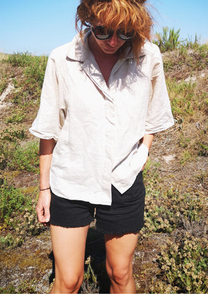 BLOUSE SHORT SLEEVES CONCEALED BUTTONS - LINEN natural white - BERENIK