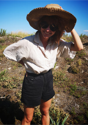 BLOUSE SHORT SLEEVES CONCEALED BUTTONS - LINEN natural white - BERENIK