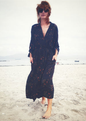 LONG SUMMER DRESS/COAT - RAYON printed black/rust - BERENIK