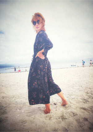 LONG SUMMER DRESS/COAT - RAYON printed black/rust - BERENIK