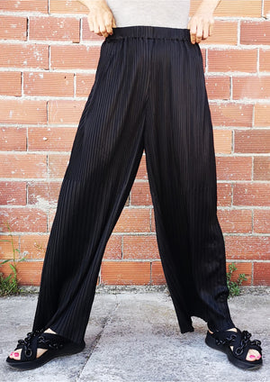 PANTS WIDE ELASTIC - black pleated - BERENIK