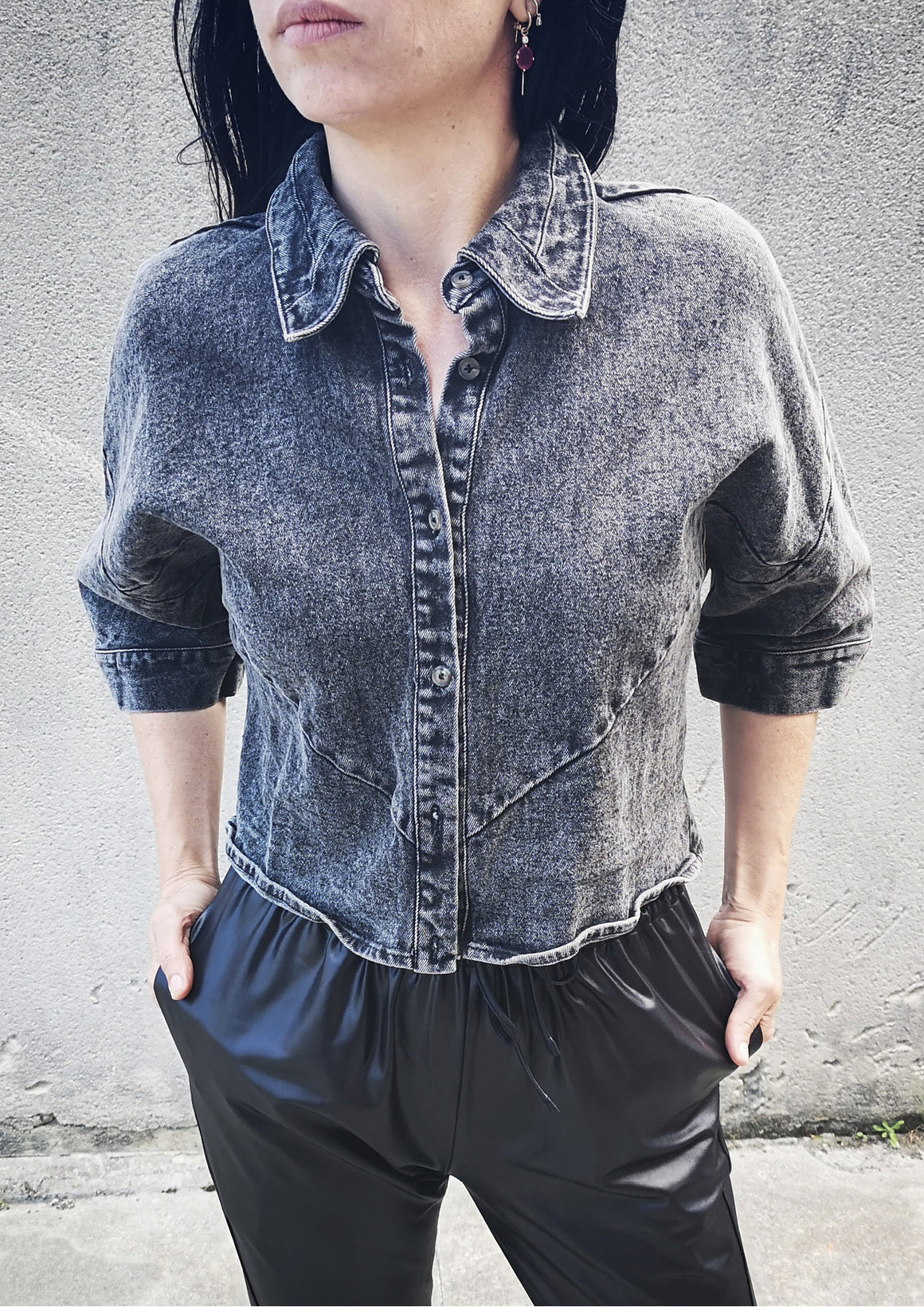 BLOUSE SHORT SLEEVES - DENIM washed black - BERENIK