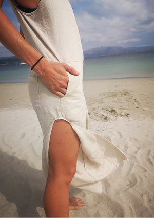JUMPSUIT LONG SLEEVELESS SIDE SLOTS - NATURAL LINEN white - BERENIK