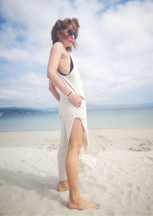 JUMPSUIT LONG SLEEVELESS SIDE SLOTS - NATURAL LINEN white - BERENIK