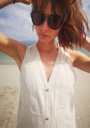 JUMPSUIT LONG SLEEVELESS SIDE SLOTS - NATURAL LINEN white - BERENIK
