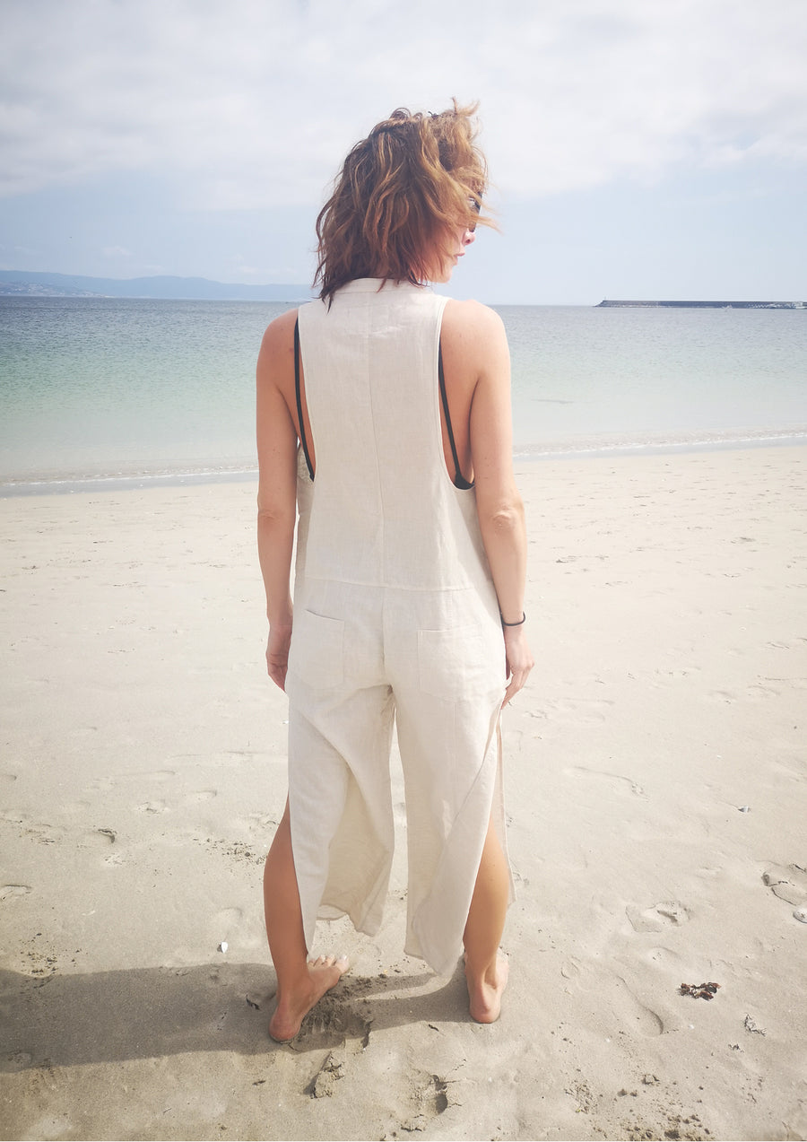 JUMPSUIT LONG SLEEVELESS SIDE SLOTS - NATURAL LINEN white - BERENIK