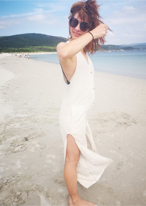 JUMPSUIT LONG SLEEVELESS SIDE SLOTS - NATURAL LINEN white - BERENIK
