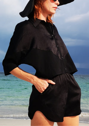 BLOUSE SHORT SLEEVES - SHINY/MESH black - BERENIK