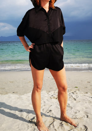 BLOUSE SHORT SLEEVES - SHINY/MESH black - BERENIK