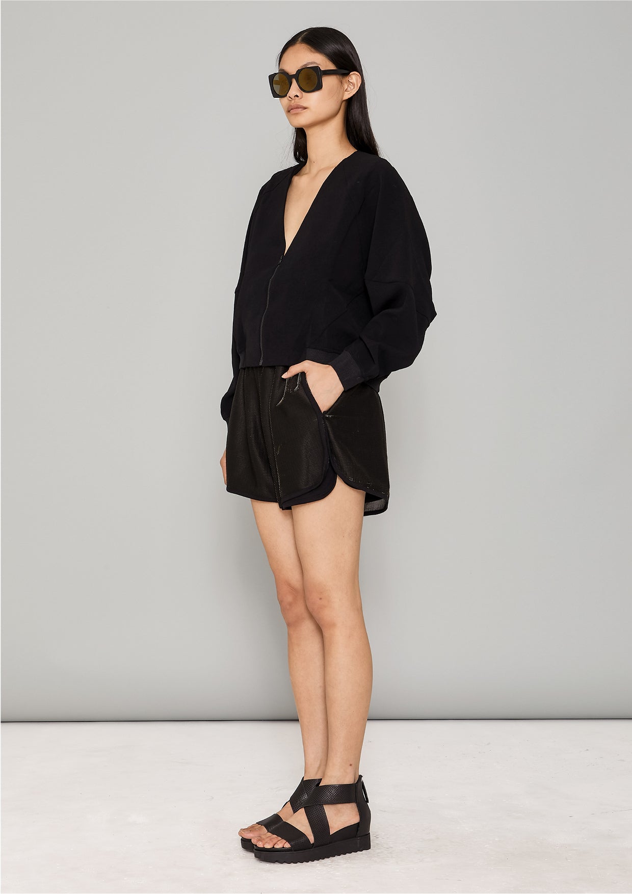 JACKET V-COLLAR - black plain - BERENIK