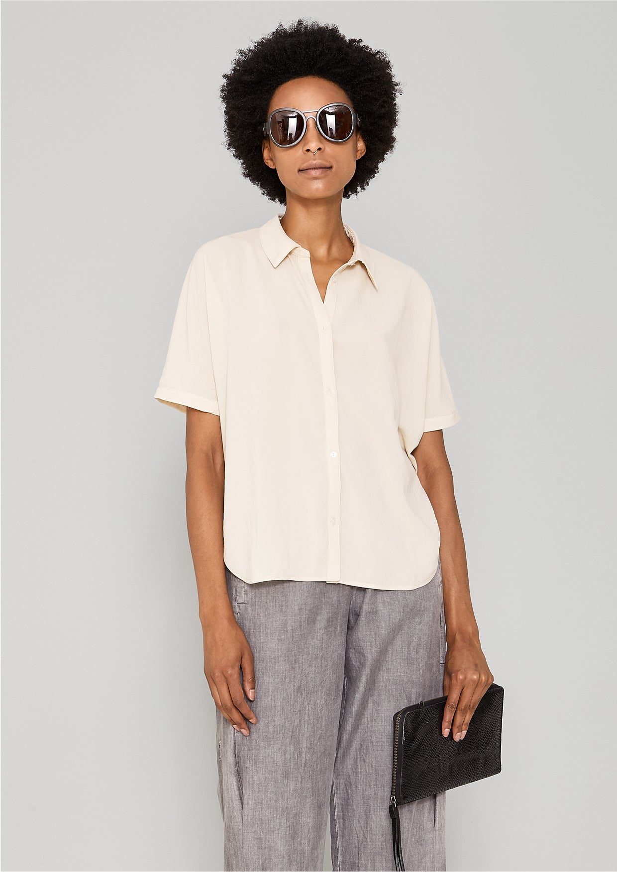 BLOUSE SHORT SLEEVES - THIN DRAPING cream - BERENIK