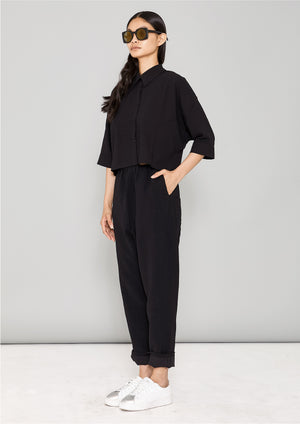 BLOUSE - SHORT SLEEVES - black plain - BERENIK