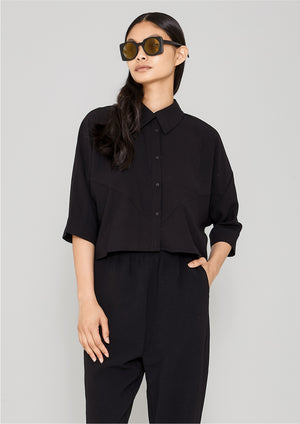 BLOUSE - SHORT SLEEVES - black plain - BERENIK