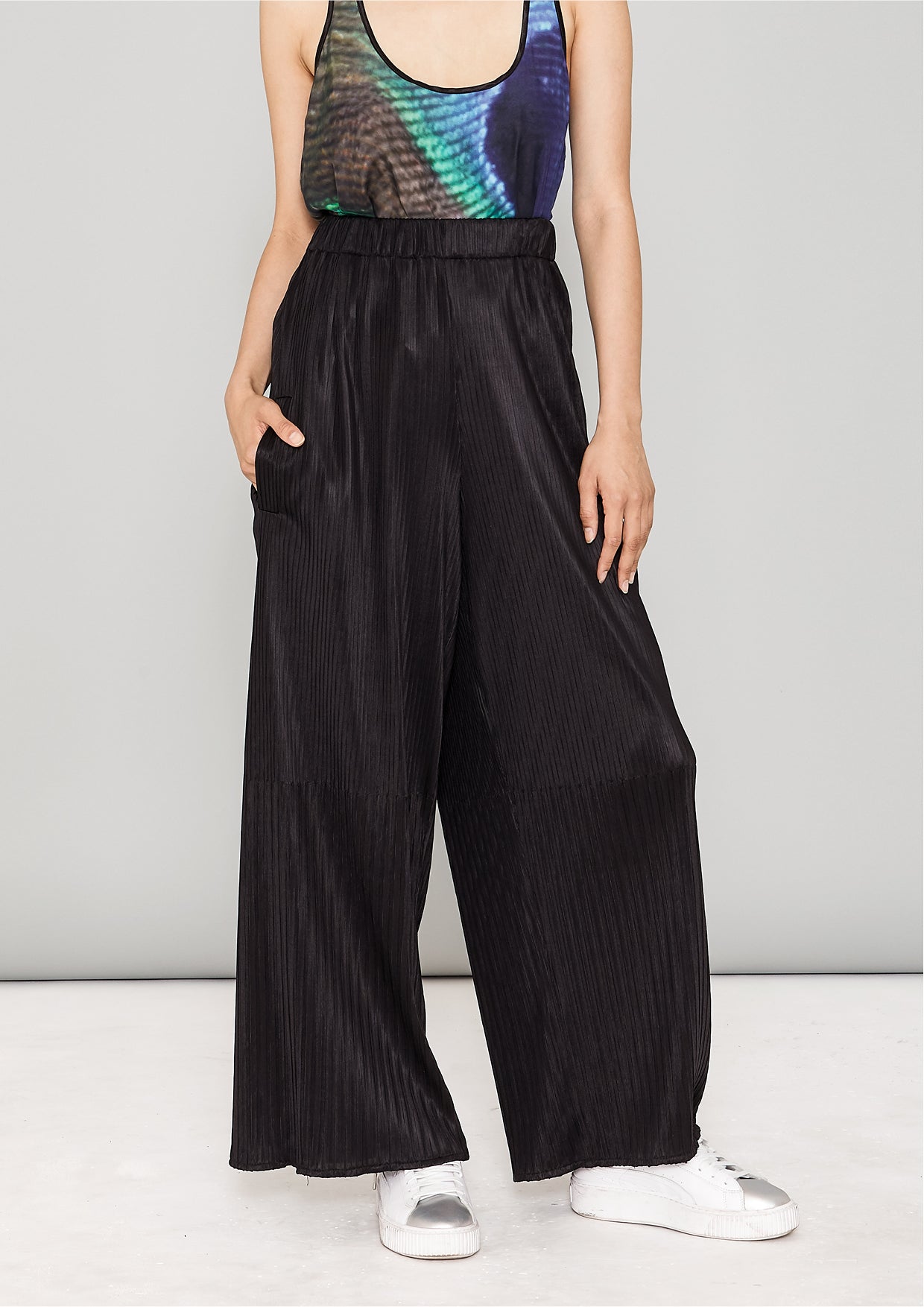 PANTS WIDE ELASTIC - black pleated - BERENIK