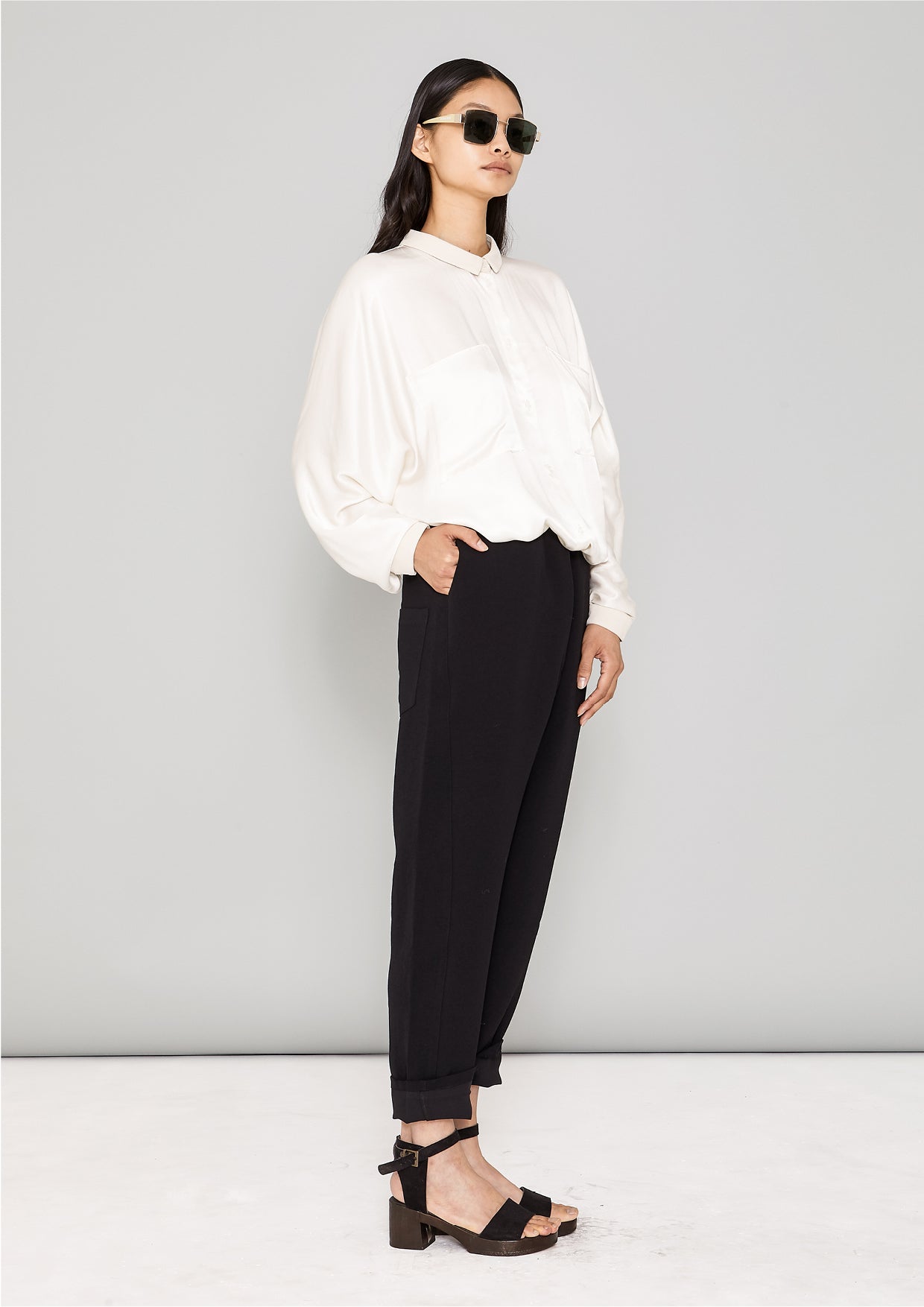 PANTS STRETCH HIGH WAIST - black plain - BERENIK