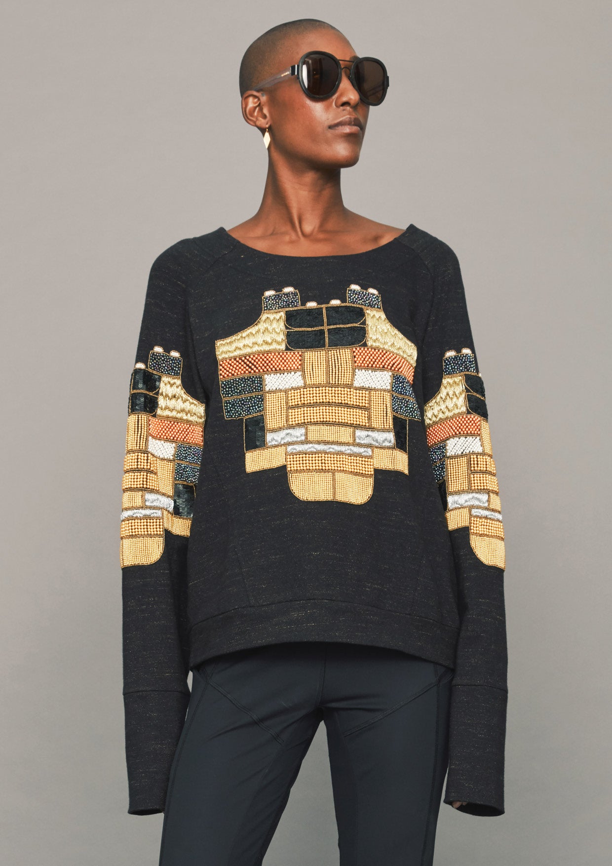SWEATER - COTTON black/melange with embroidery - BERENIK