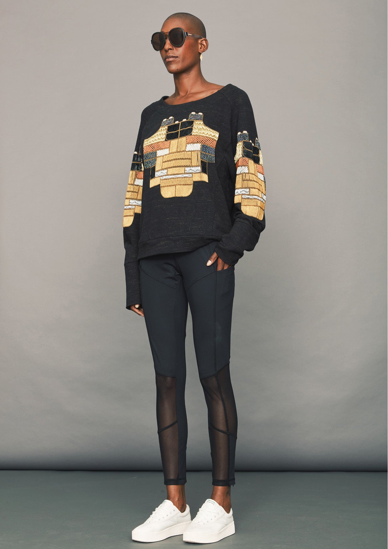 SWEATER - COTTON black/melange with embroidery - BERENIK