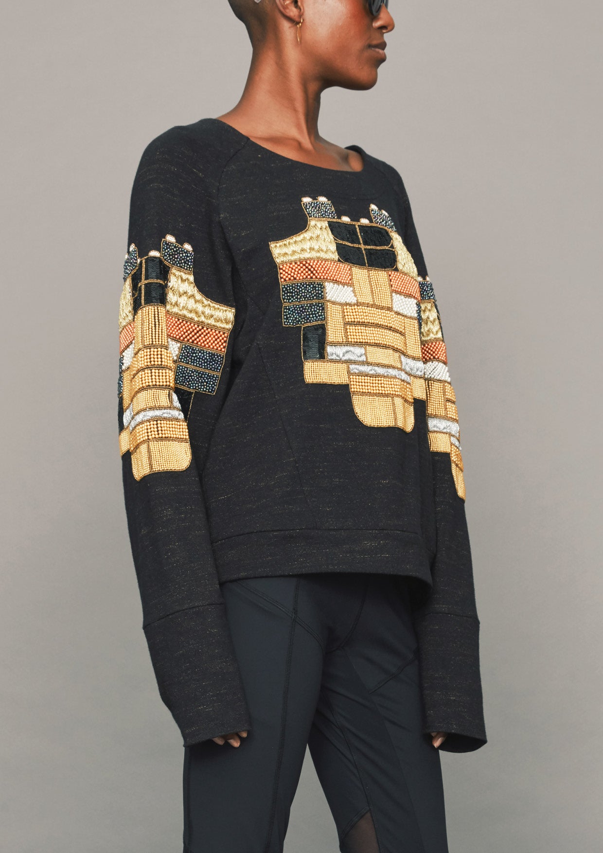 SWEATER - COTTON black/melange with embroidery - BERENIK