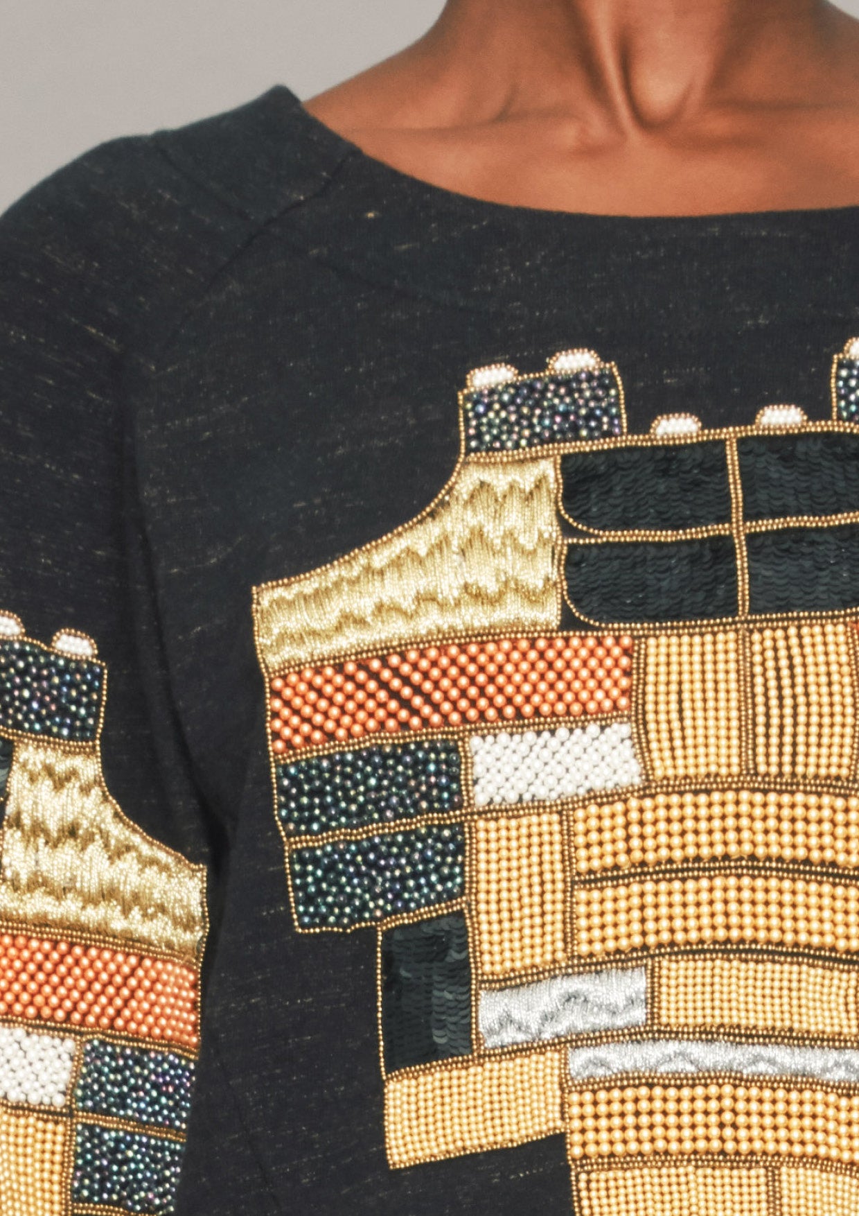 SWEATER - COTTON black/melange with embroidery - BERENIK