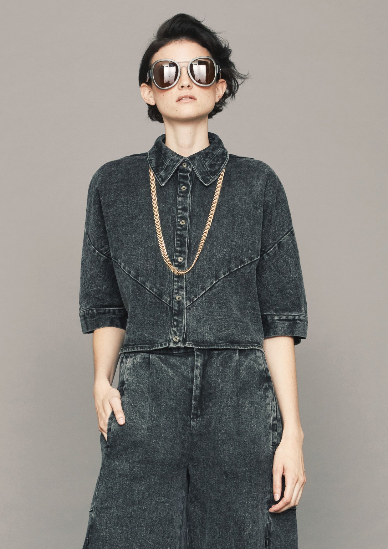BLOUSE SHORT SLEEVES - DENIM washed black - BERENIK
