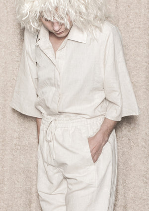 BLOUSE SHORT SLEEVES CONCEALED BUTTONS - LINEN natural white - BERENIK