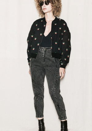 BOMBER JACKET - LINEN black with embroidery - BERENIK