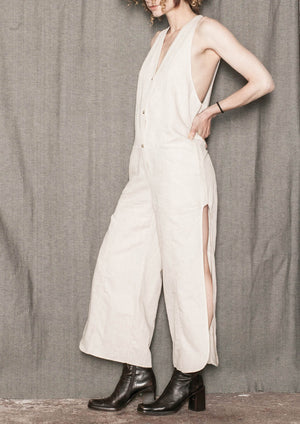 JUMPSUIT LONG SLEEVELESS SIDE SLOTS - NATURAL LINEN white - BERENIK
