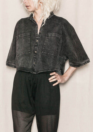 WIDE SUMMER BLOUSE WITH POCKETS - DENIM washed black - BERENIK