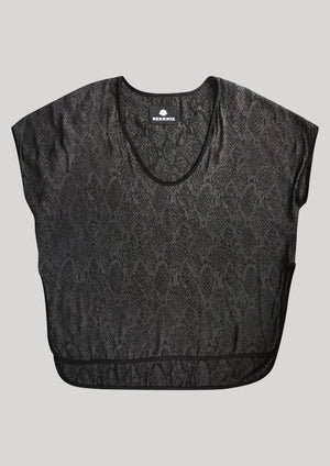TOP SHORT SLEEVES WIDE - JACQUARD SATIN snake print black/dark grey - BERENIK
