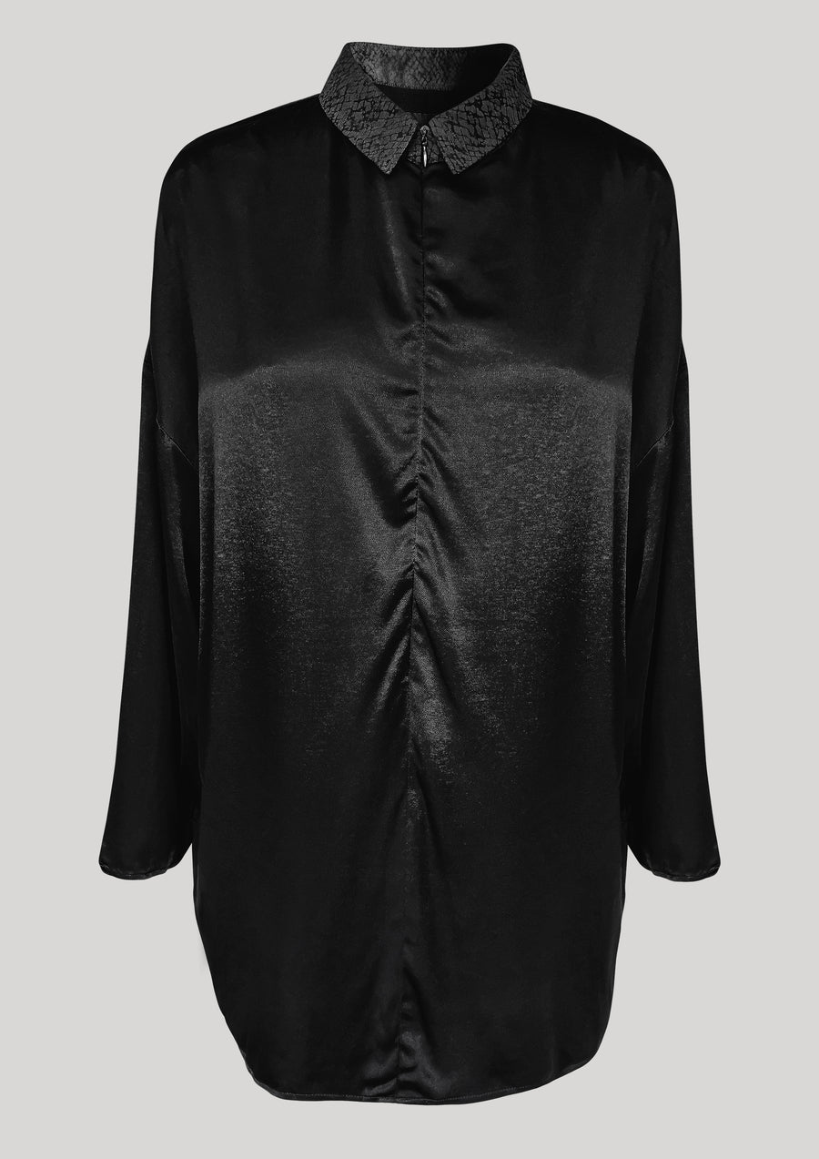 SHIRT COLLAR ZIP - SILKY RAYON SATIN black - BERENIK