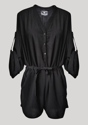 JUMPSUIT SHORT-LOOSE/BELT - black plain - BERENIK