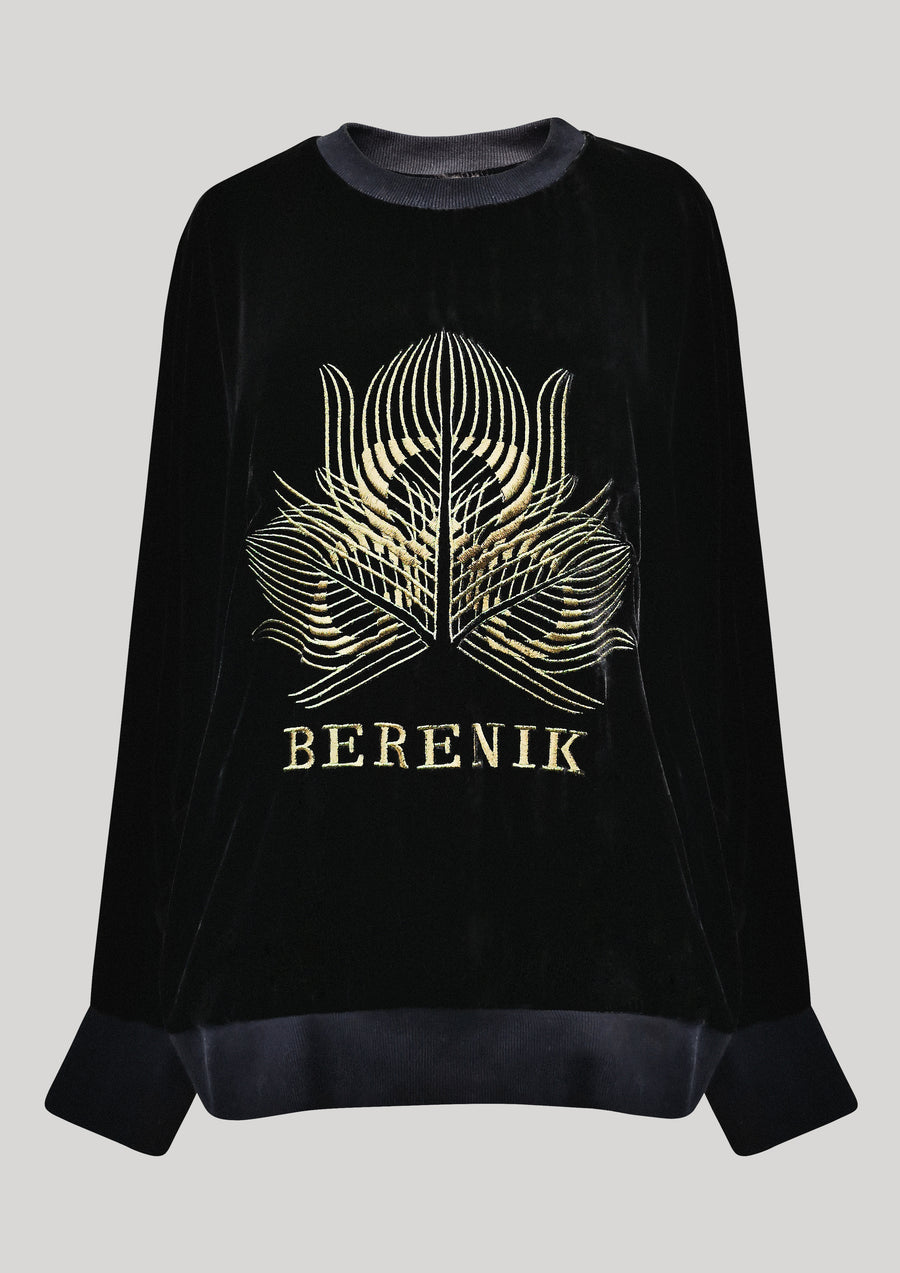 OVERSIZED SWEATER - SILK VELVET black with golden BERENIK embroidery - BERENIK