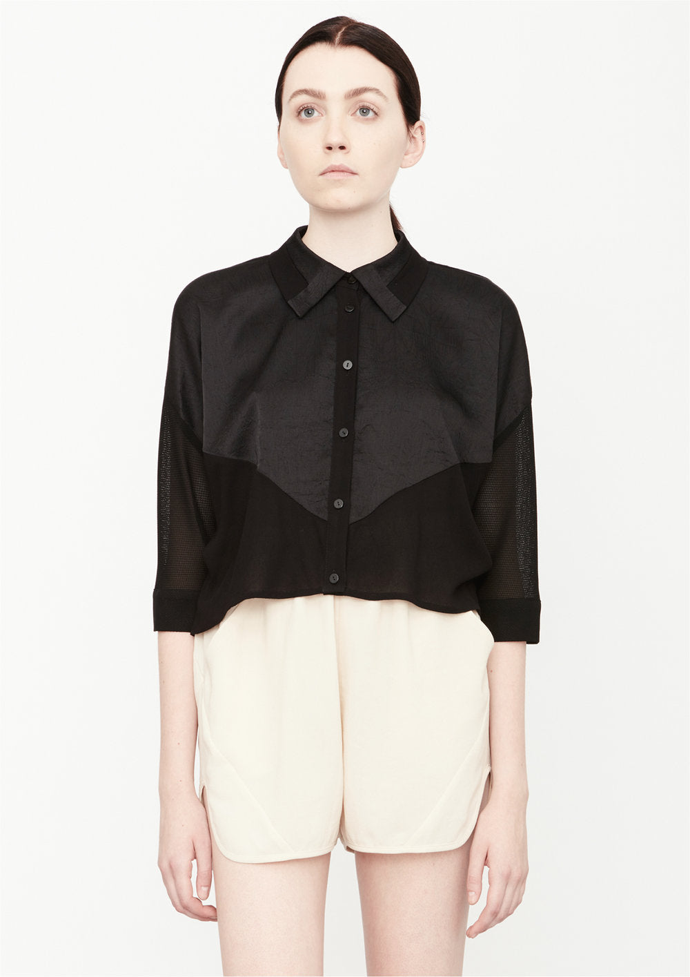 BLOUSE SHORT SLEEVES - SHINY/MESH black - BERENIK